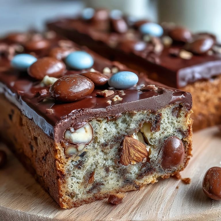Easter dessert bars with Cadbury mini eggs and M&Ms, golden edges and gooey centers perfect for spring.  