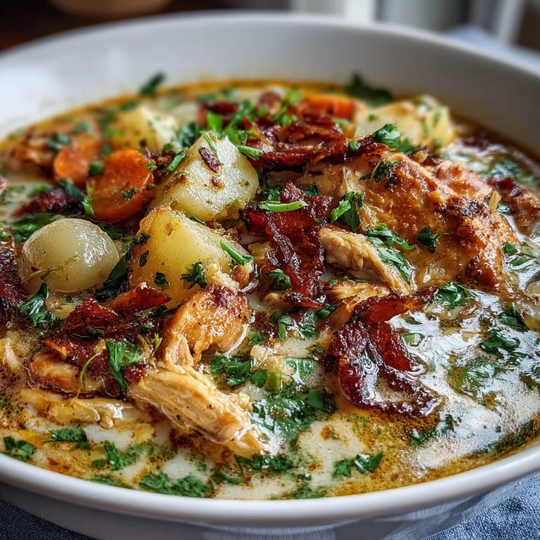 Easy slow cooker chicken pot pie soup recipe featuring shredded chicken, peas, and a rich, savory broth, garnished with fresh parsley and biscuits.