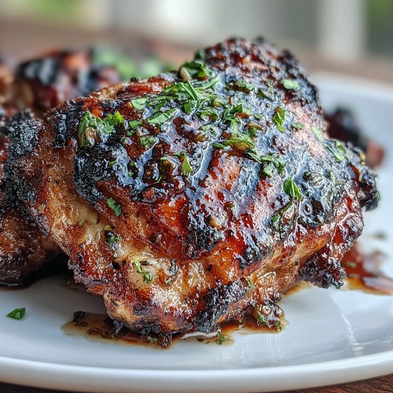 Sticky honey garlic glazed chicken thighs, grilled until golden brown and served with fresh herbs and lemon wedges.