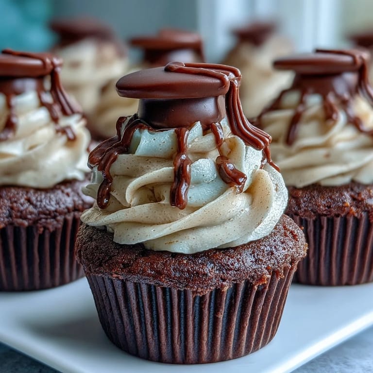 Adorable graduation-themed cupcakes featuring mini peanut butter cup caps, chocolate squares, and licorice tassels for a sweet celebration.