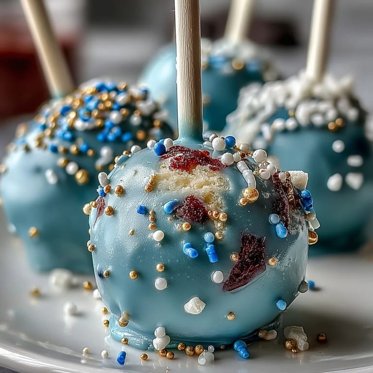 Handcrafted cake pops in team colors, coated with candy melts and topped with sparkling gold sprinkles for graduation parties.
