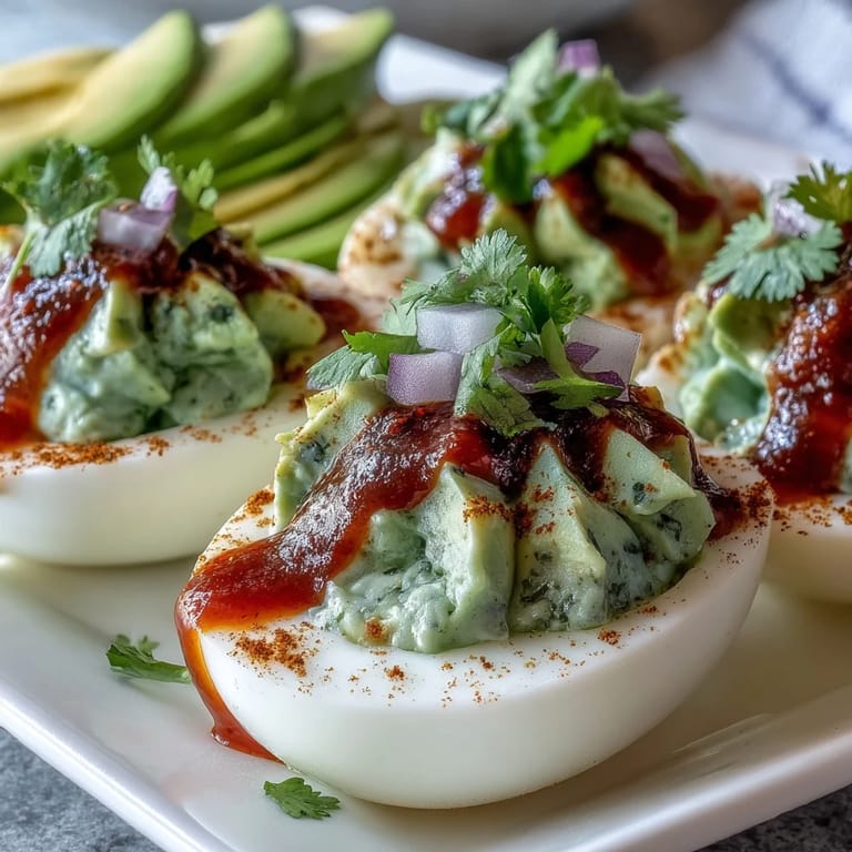 Fresh avocado deviled eggs with a fiery Sriracha kick, garnished with cilantro and paprika.