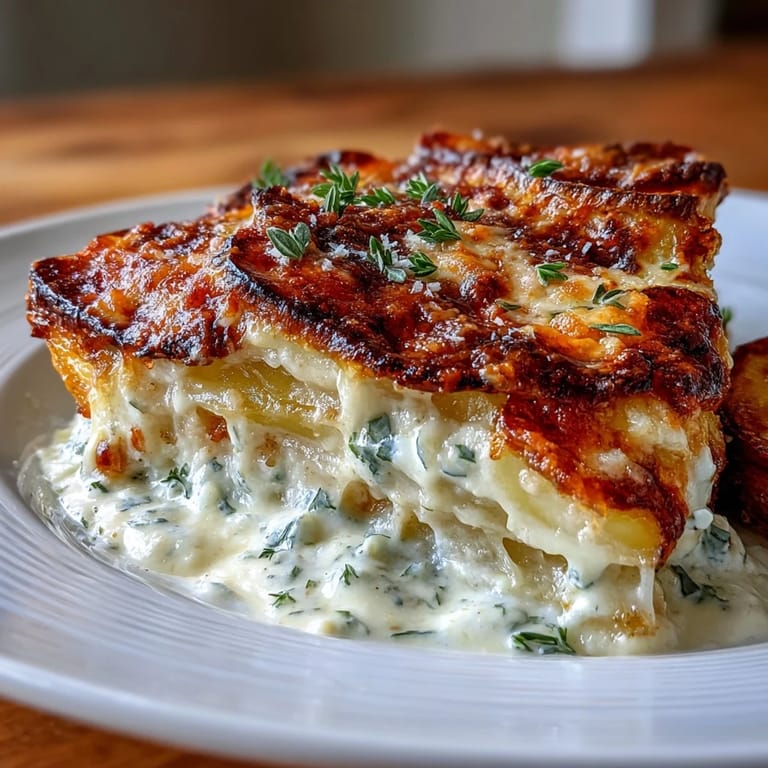 A comforting casserole of thinly sliced potatoes layered with rich cream, garlic, and melted Gruyere cheese—perfect for holiday gatherings.