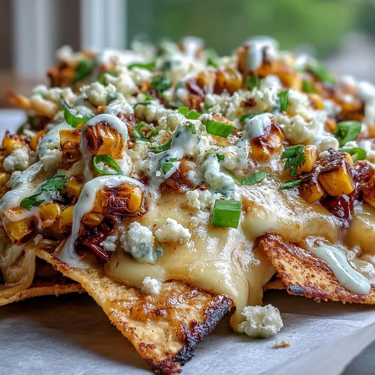 Vibrant Cinco de Mayo Elote Nachos featuring layers of tortilla chips, sautéed corn, jalapeño, red onion, and a tangy chipotle crema drizzle.
