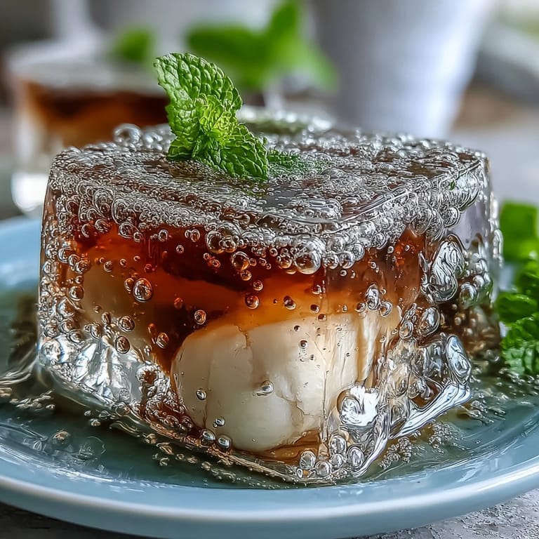 Translucent lychee agar jelly cubes served in chilled sparkling yuzu water, garnished with mint for a light Asian fusion treat.