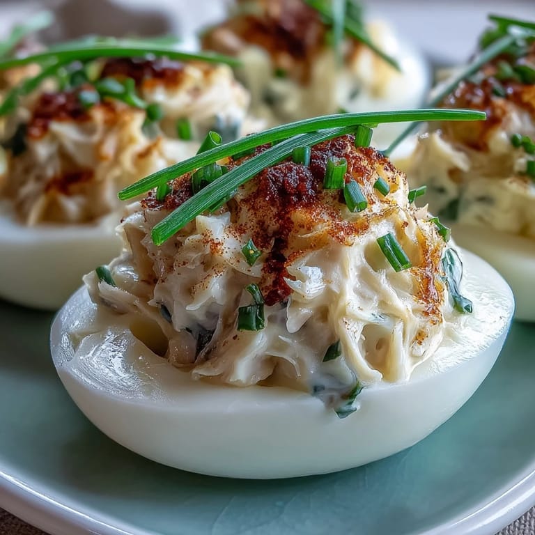 Deviled Eggs with Crab and Old Bay: Tender egg whites stuffed with rich crab mixture, garnished with celery, chives, and aromatic Old Bay.