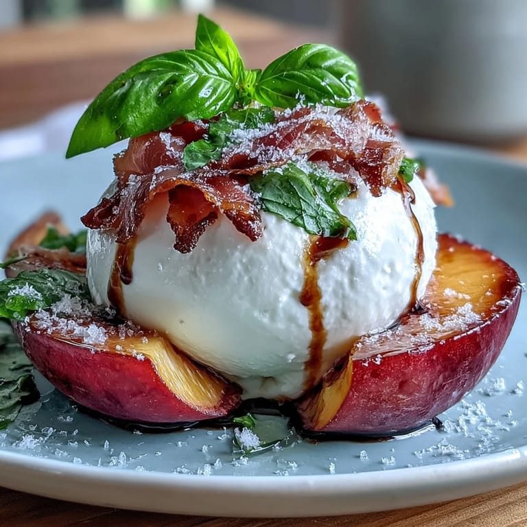 Vibrant salad with burrata, sweet peaches, prosciutto, and basil, drizzled with tangy balsamic and olive oil.