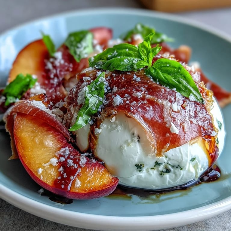 Ripe peaches, torn burrata, and prosciutto slices atop arugula, finished with olive oil and balsamic glaze.