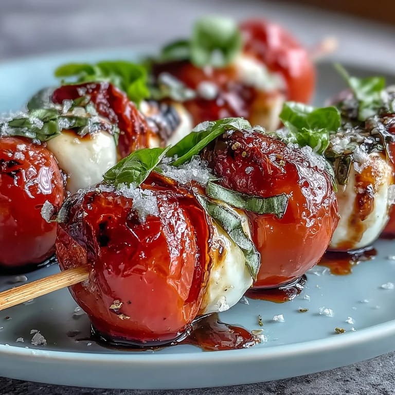 Vibrant mini Caprese salad skewers drizzled with sweet balsamic reduction, ready to serve.