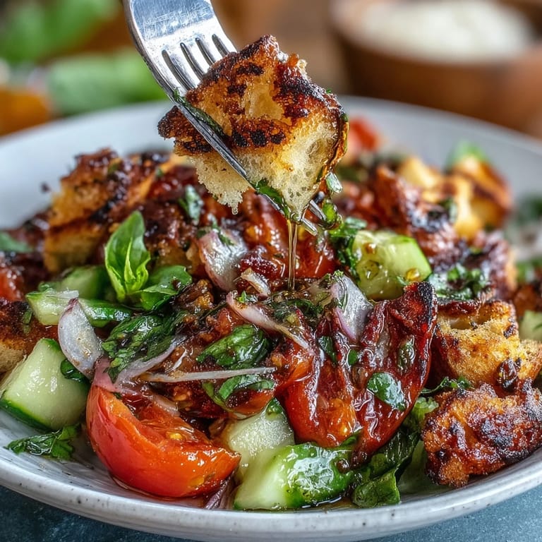 Juicy tomato and grilled bread Summer Panzanella salad, bursting with fresh flavors.