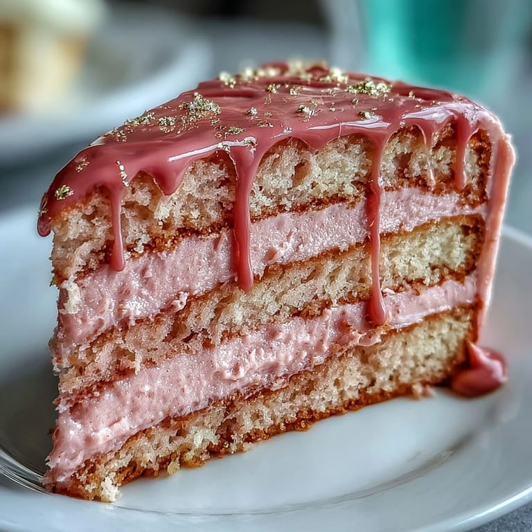 Elegant Rosé Velvet Cake for bridal showers, finished with a glossy gold drip.