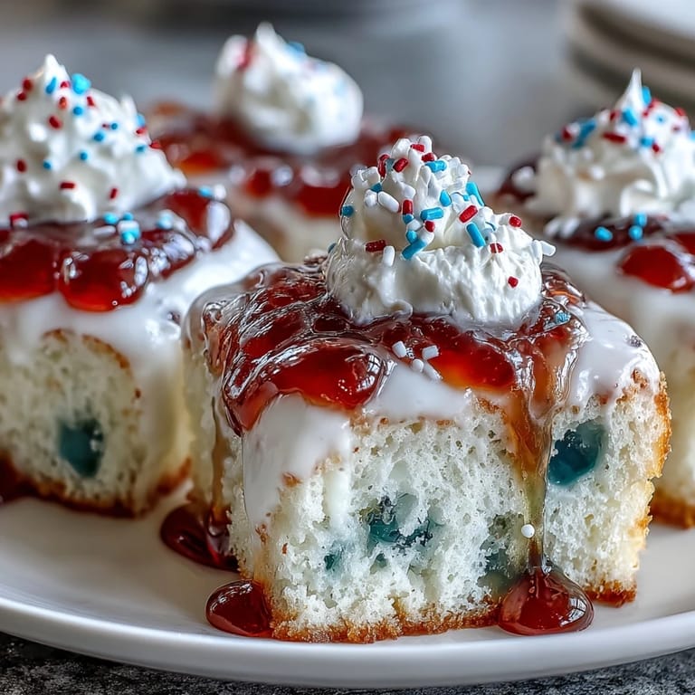 Luscious Patriotic Poke Cake, bursting with colorful gelatin and smooth white chocolate.