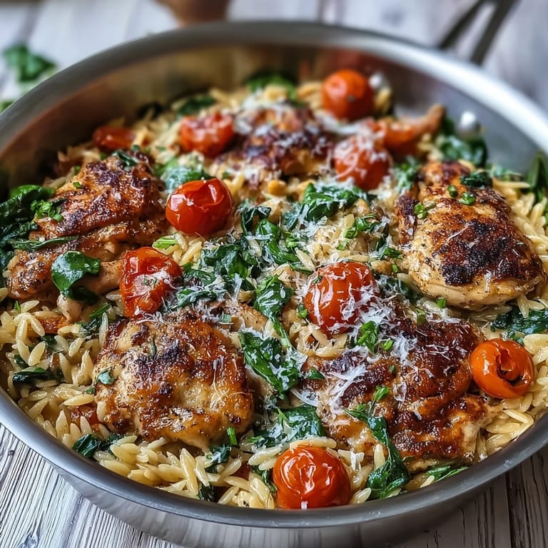 Enjoy this hearty One-Pan Creamy Chicken Orzo, showcasing creamy orzo and wilted spinach.