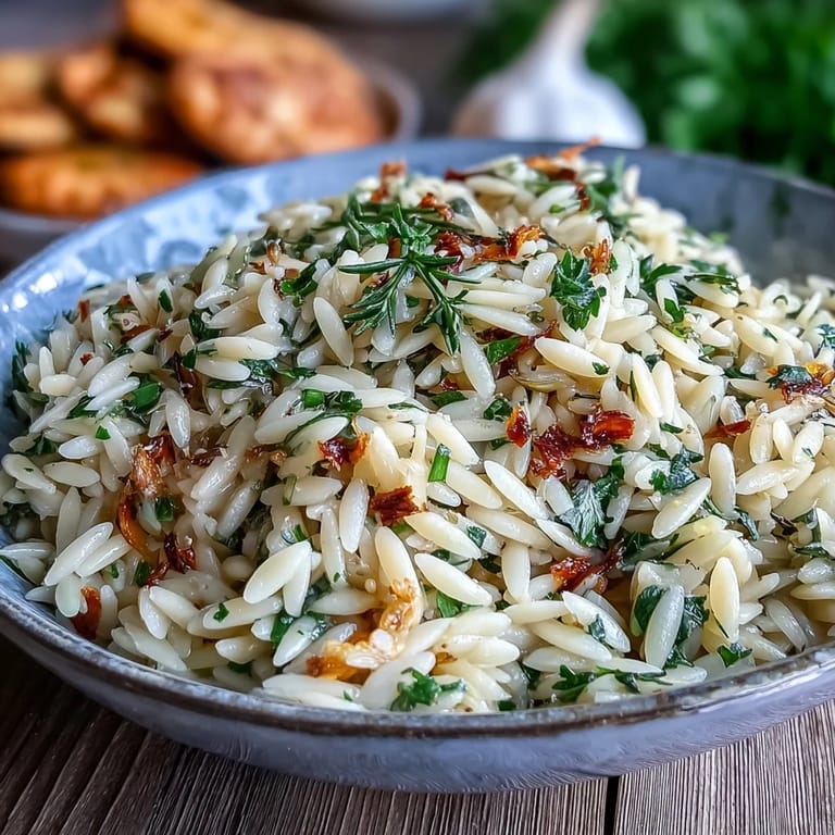 Tender orzo featuring sweet roasted garlic, a fragrant Mediterranean side dish.