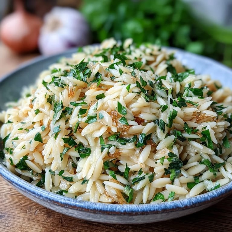 Delicious Herb-Roasted Garlic Orzo, drizzled with lemon and sprinkled with Parmesan.