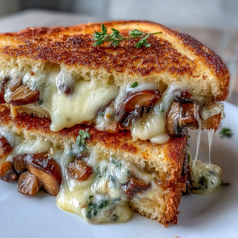 A hearty Mushroom Swiss Grilled Cheese, perfectly toasted with rich sautéed mushrooms and nutty Swiss.