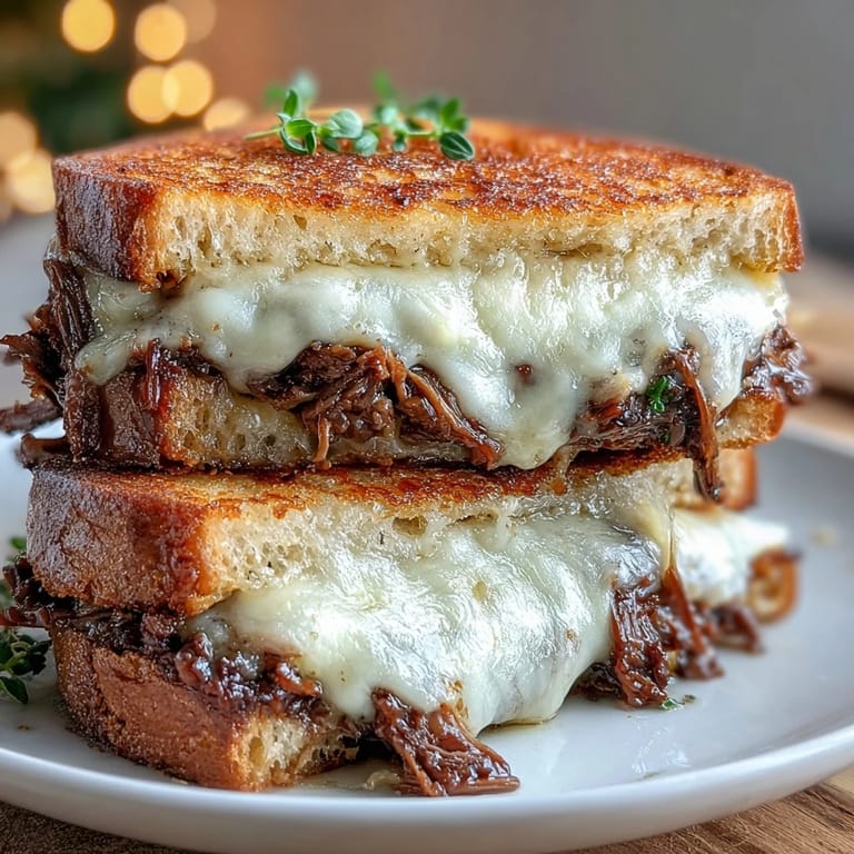 Savory short rib grilled cheese sandwich, beautifully browned and oozing with melted cheese.