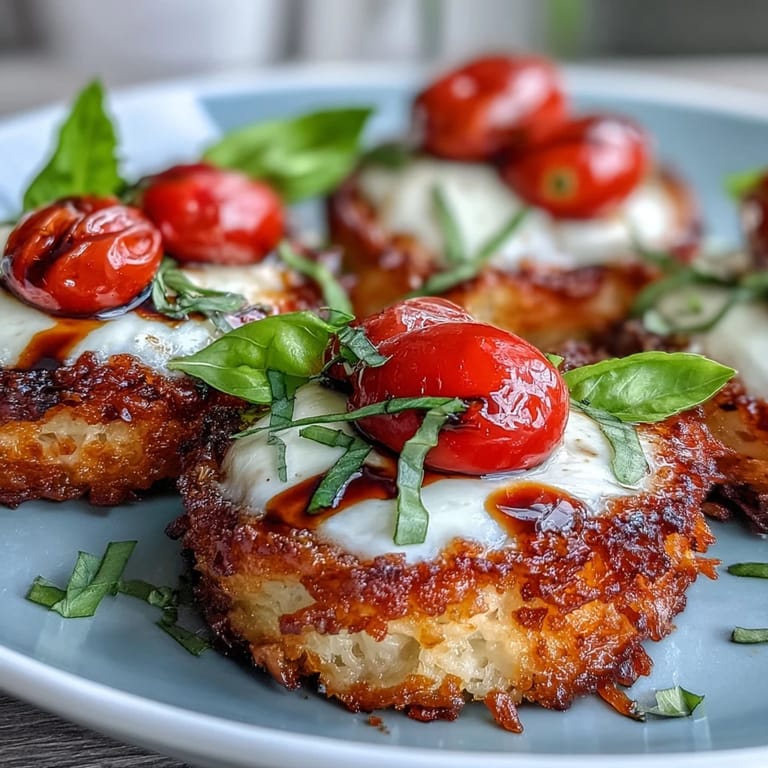 Delicious crispy rice Caprese salad, a perfect appetizer with basil and balsamic.