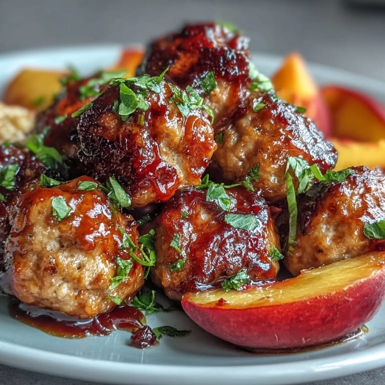 Tender chicken meatballs coated in a vibrant, sticky hot honey peach glaze.