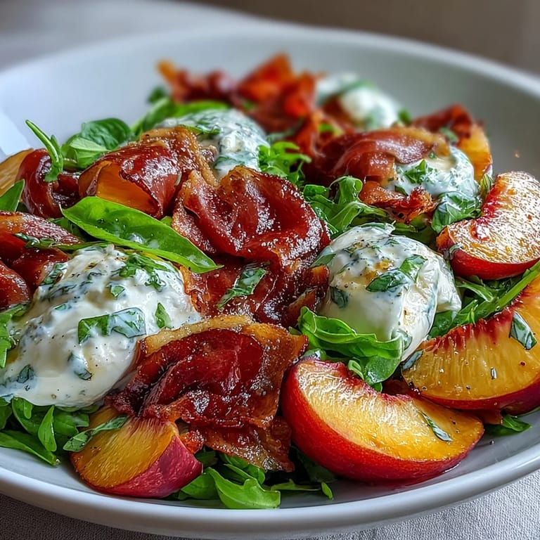 Enjoy a refreshing Peach Burrata Prosciutto Salad with balsamic glaze drizzled over fresh ingredients.