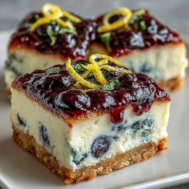 Bright no-bake lemon blueberry cheesecake bars ready to be sliced and served.