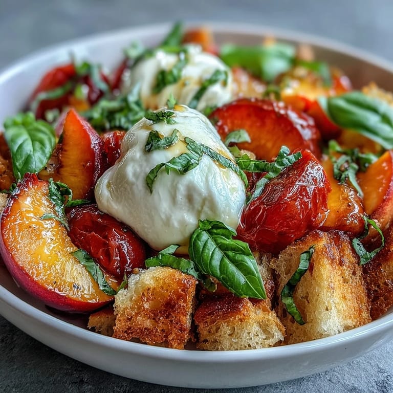 Vibrant Tomato Peach Panzanella salad with bursting burrata and toasted bread cubes.