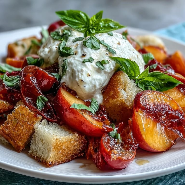 Fresh Tomato Peach Panzanella drizzled with olive oil, ready to serve.