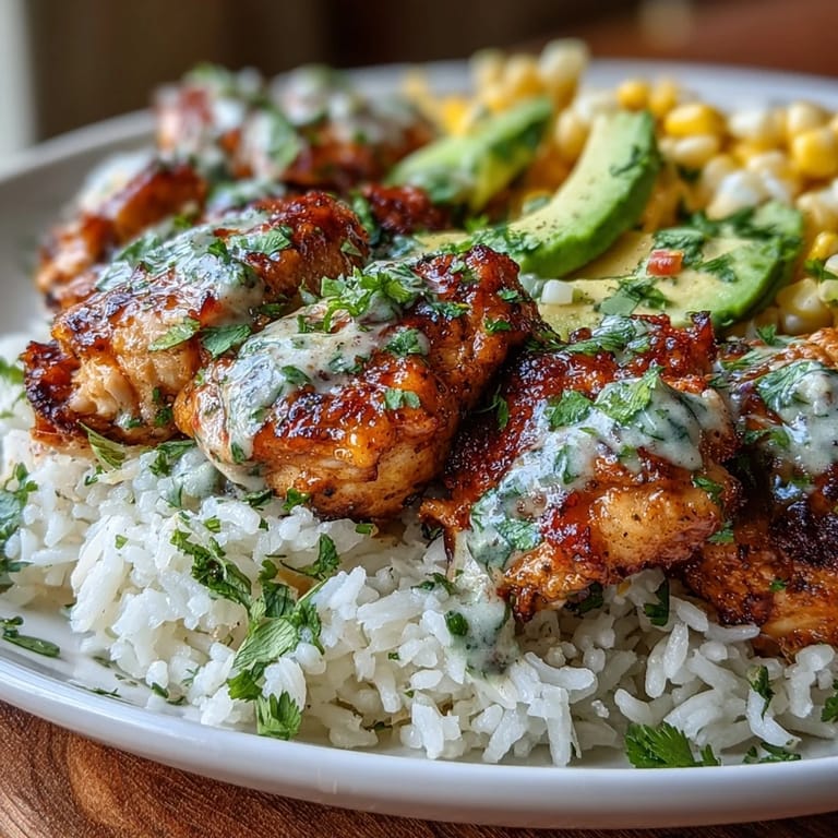 Savory Street Corn Chicken Rice Bowls topped with avocado and fresh cilantro.
