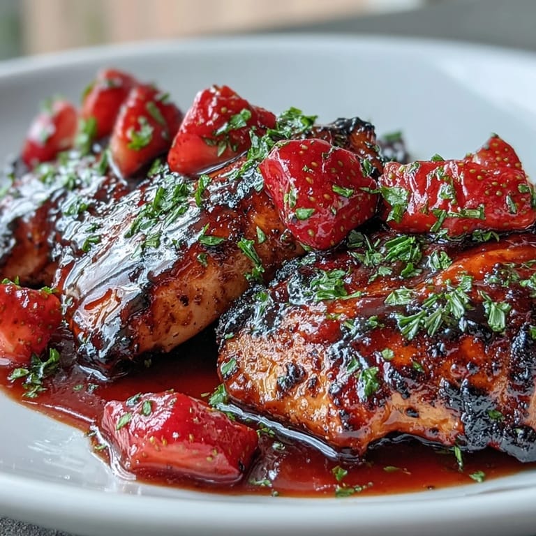 Close-up of smoky Strawberry Balsamic BBQ Chicken, glistening with a sweet, tangy, homemade glaze.