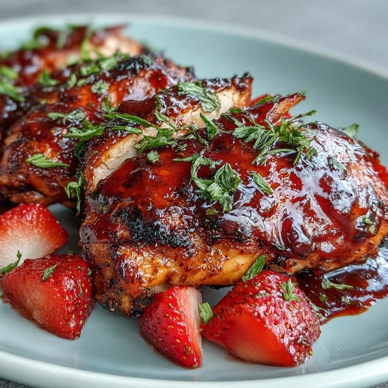 Rustic plate featuring tender Strawberry Balsamic BBQ Chicken, ready for a perfect summer BBQ.