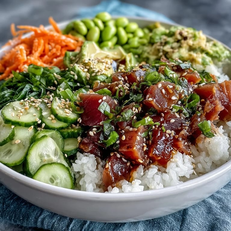 Vibrant canned tuna poke bowl filled with rice, avocado, and a tangy sesame dressing.