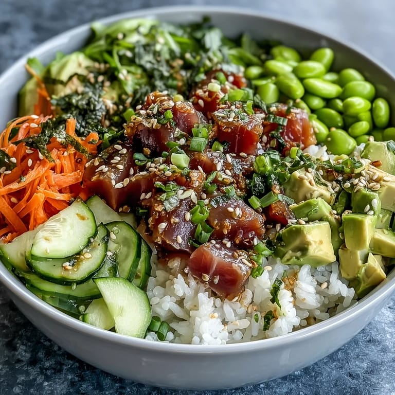 Easy canned tuna poke bowl ready to serve, featuring flaky tuna and crisp garnishes.