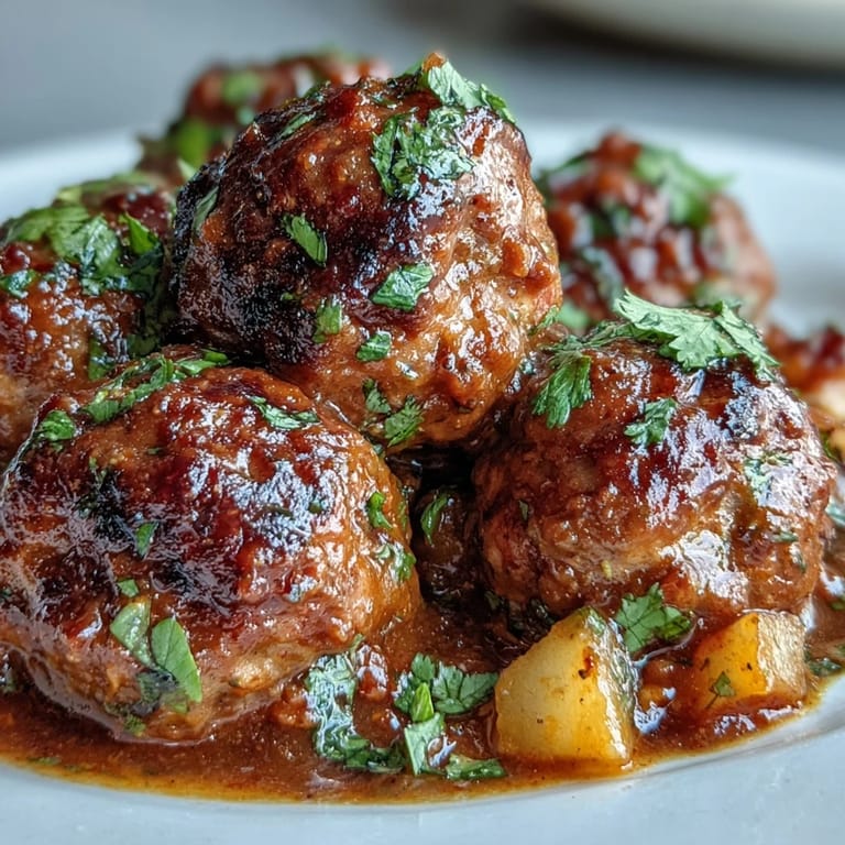 Tender meatballs bathing in a rich, aromatic mango coconut curry sauce.