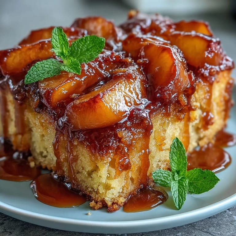 Deliciously baked brown sugar peach upside-down cake, perfect warm with ice cream.