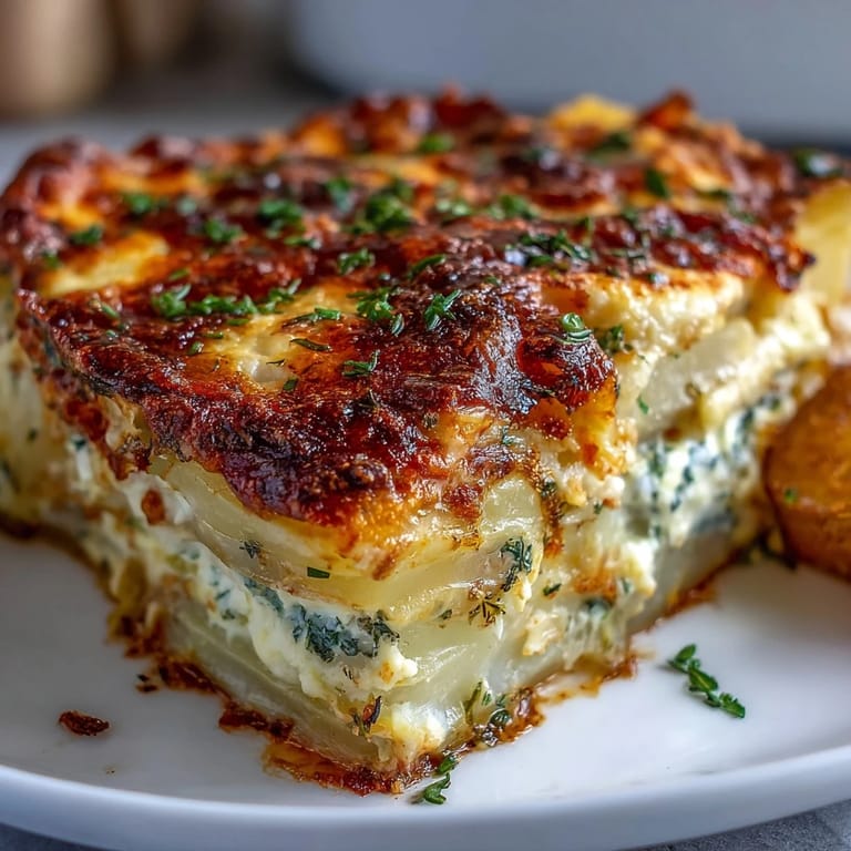 Warm gratin of tender potatoes, cabbage, and herbs, ready to serve.