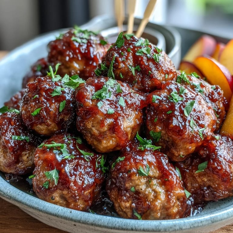 Tender meatballs coated in a vibrant hot honey peach sauce, ready to serve.