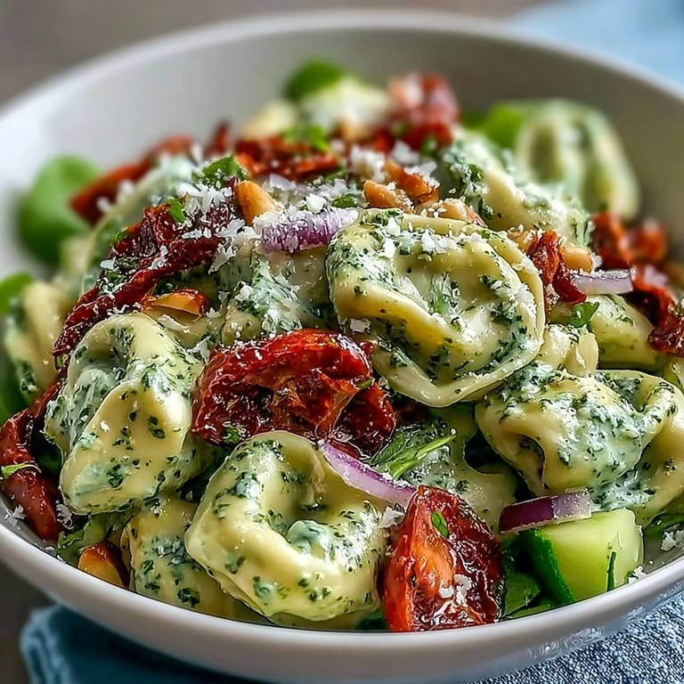 Cool and refreshing Creamy Pesto Tortellini Picnic Salad, ready for summer gatherings.