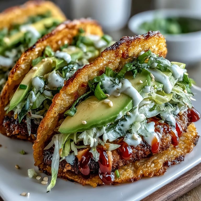 Fusion crispy rice burger tacos packed with fresh toppings.