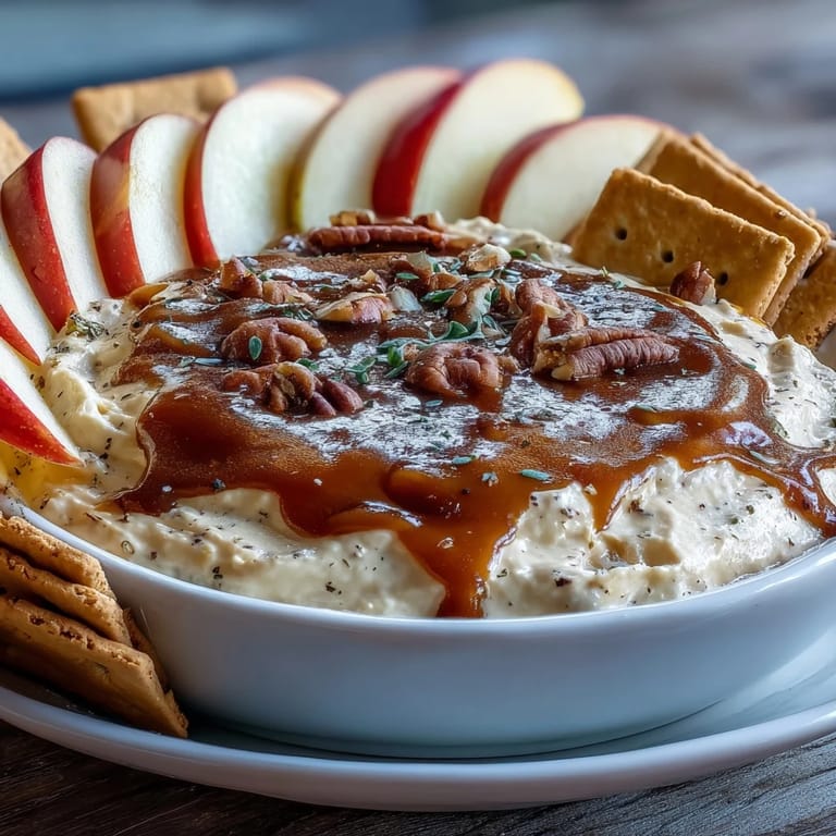 Deliciously smooth caramel apple cheesecake dip served with fresh apple slices and crackers.