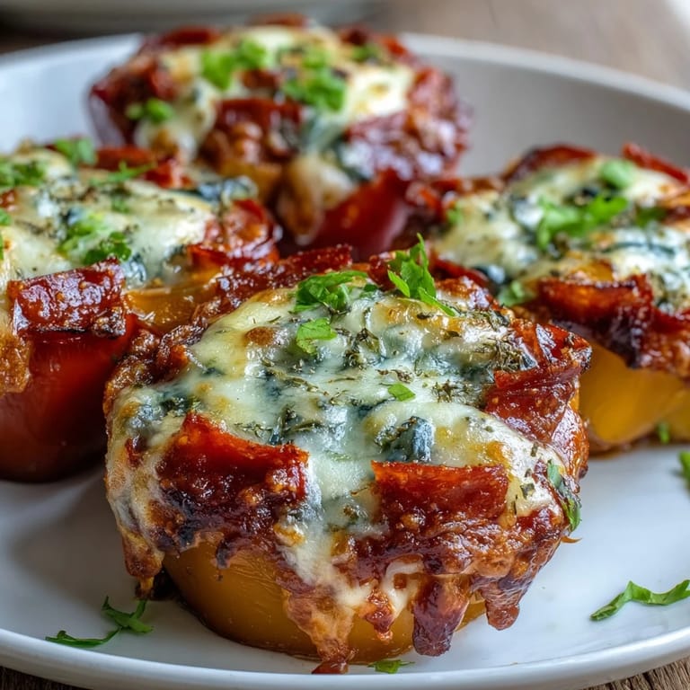 Vibrant bell pepper rings filled with pepperoni, cheese, and sauce, ready to be enjoyed.