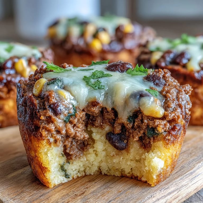Close-up of Cornbread Taco Muffins, showcasing a cheesy, beefy, cornbread goodness.