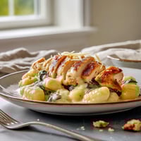 A plate of food with chicken and pasta.