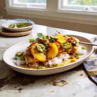 A plate of food with rice and peppers.