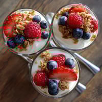 Three glasses of yogurt with berries and granola.