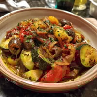 A bowl of food with tomatoes, zucchini, and peppers.