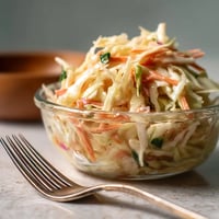 A bowl of coleslaw on a table.