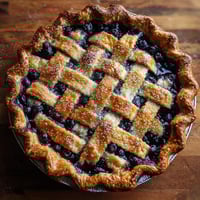 A blueberry pie on a plate.