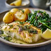 A plate of fish and vegetables.
