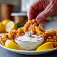 A person is dipping a piece of food into a bowl of sauce.