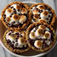 Four mini s'mores pies on a plate.